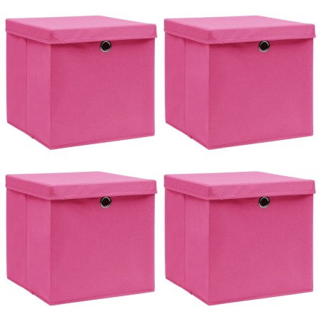 Caixas de arrumação com tampas 4 pcs 32x32x32 cm tecido rosa