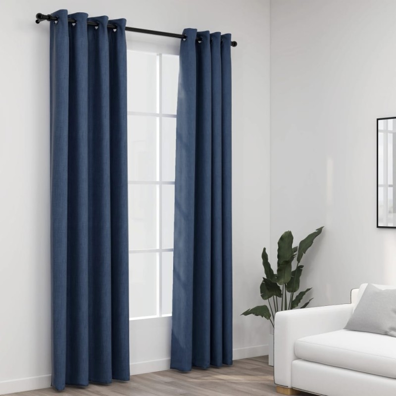 Cortinas opacas aspeto linho c/ ilhós 2 pcs 140x245 cm azul-Persianas e cortinas-Home Retail