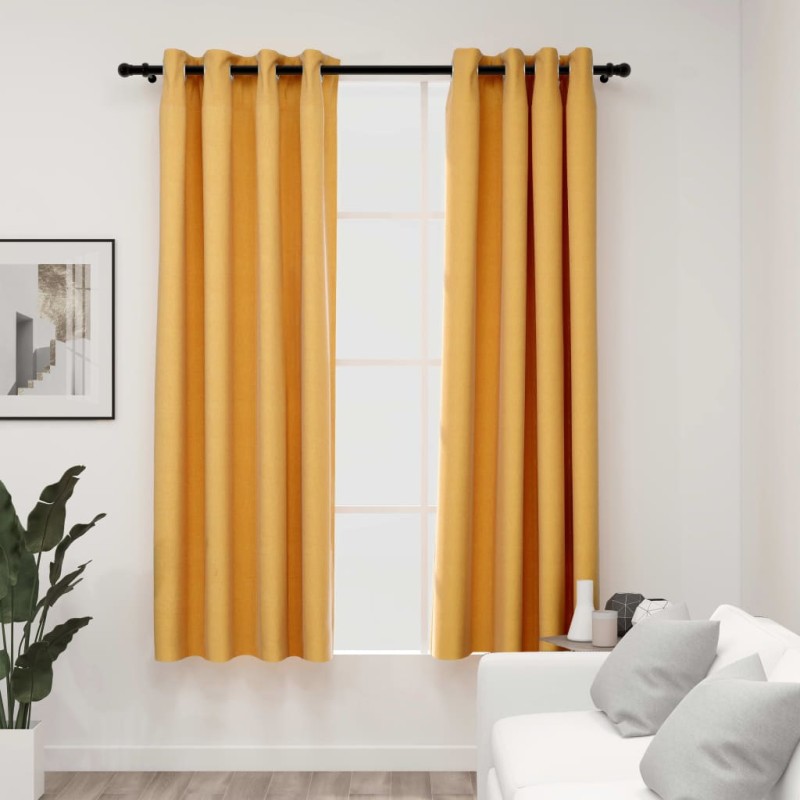 Cortinas opacas aspeto linho c/ ilhós 2 pcs 140x175 cm amarelo-Persianas e cortinas-Home Retail