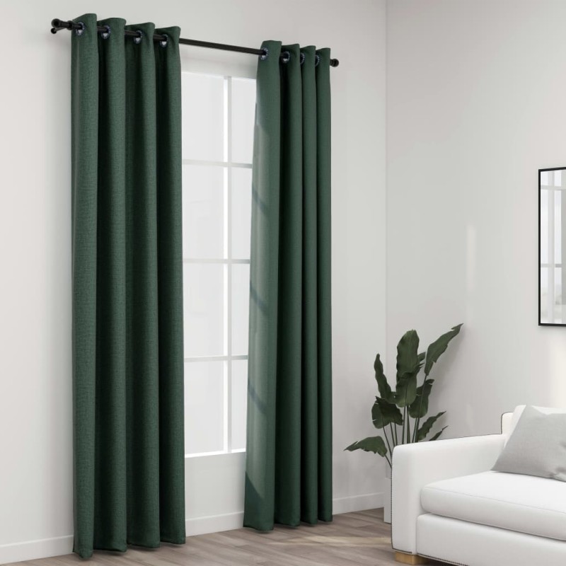 Cortinas opacas aspeto linho c/ ilhós 2 pcs 140x245 cm verde-Persianas e cortinas-Home Retail