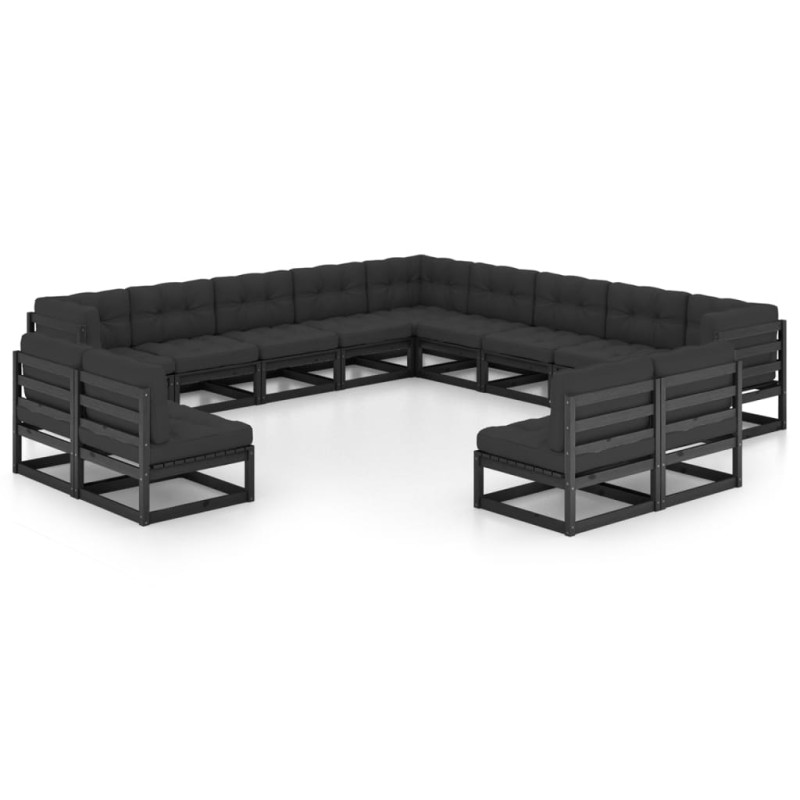 13 pcs conjunto longue jardim c/ almofadões pinho maciço preto-Conjuntos de jardim-Home Retail