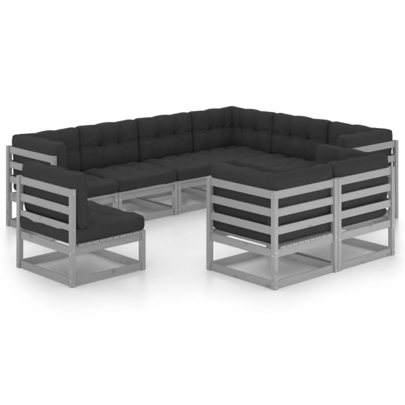 9pcs conjunto lounge de jardim c/ almofadões pinho maciço cinza-Conjuntos de jardim-Home Retail