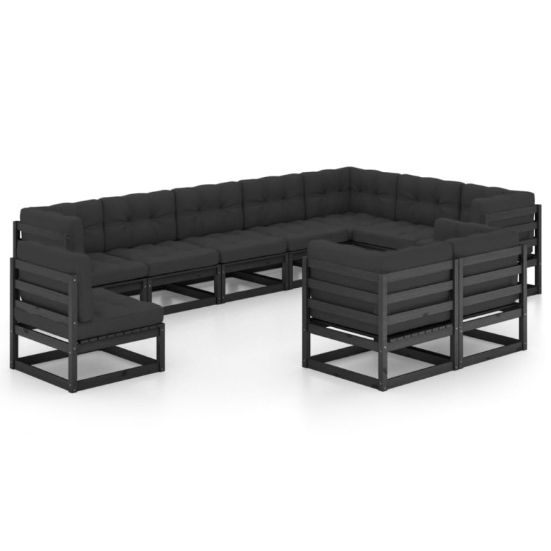 10 pcs conjunto lounge jardim c/ almofadões pinho maciço preto-Conjuntos de jardim-Home Retail