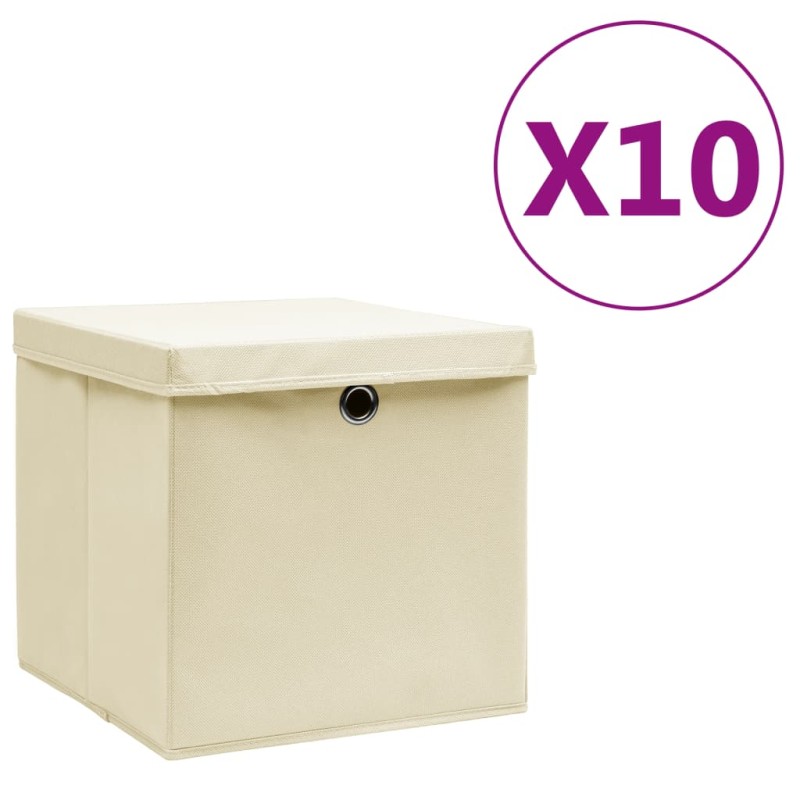 Caixas de arrumação com tampas 10 pcs 28x28x28 cm creme-Cestos para complementos-Home Retail