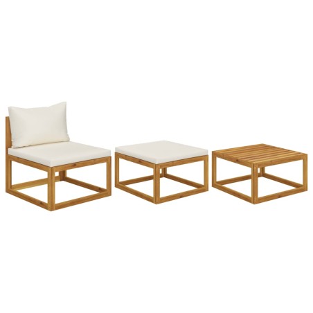 3 pcs conjunto lounge jardim c/ almofadões cor creme acácia