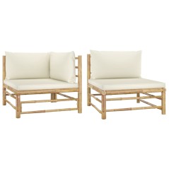 2 pcs conj. lounge p/ jardim em bambu c/ almofadões branco nata