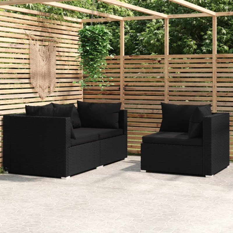 3 pcs conjunto lounge de jardim c/ almofadões vime PE preto-Unidades de sofá com módulos externos-Home Retail