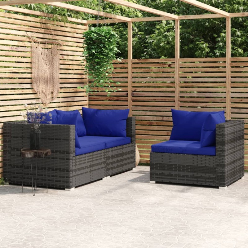 3 pcs conjunto lounge de jardim c/ almofadões vime PE cinzento-Unidades de sofá com módulos externos-Home Retail