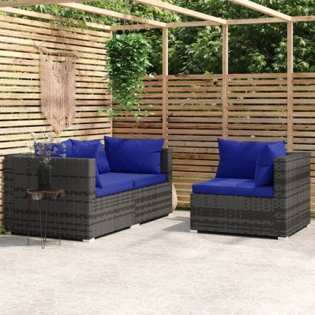 3 pcs conjunto lounge de jardim c/ almofadões vime PE cinzento