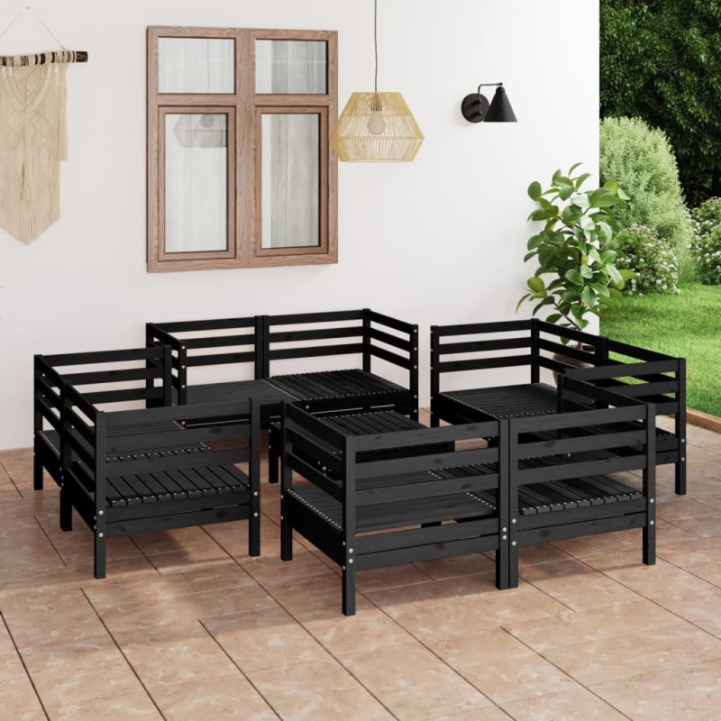 9 pcs conjunto lounge de jardim pinho maciço preto-Conjuntos de jardim-Home Retail