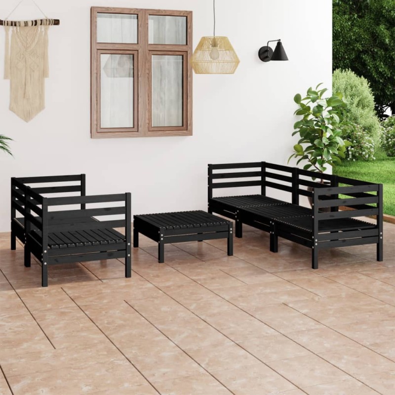 6 pcs conjunto lounge de jardim pinho maciço preto-Conjuntos de jardim-Home Retail