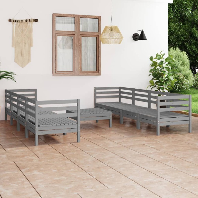 9 pcs conjunto lounge de jardim pinho maciço cinzento-Conjuntos de jardim-Home Retail