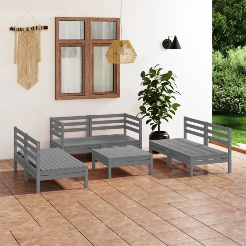 7 pcs conjunto lounge de jardim pinho maciço cinzento-Conjuntos de jardim-Home Retail