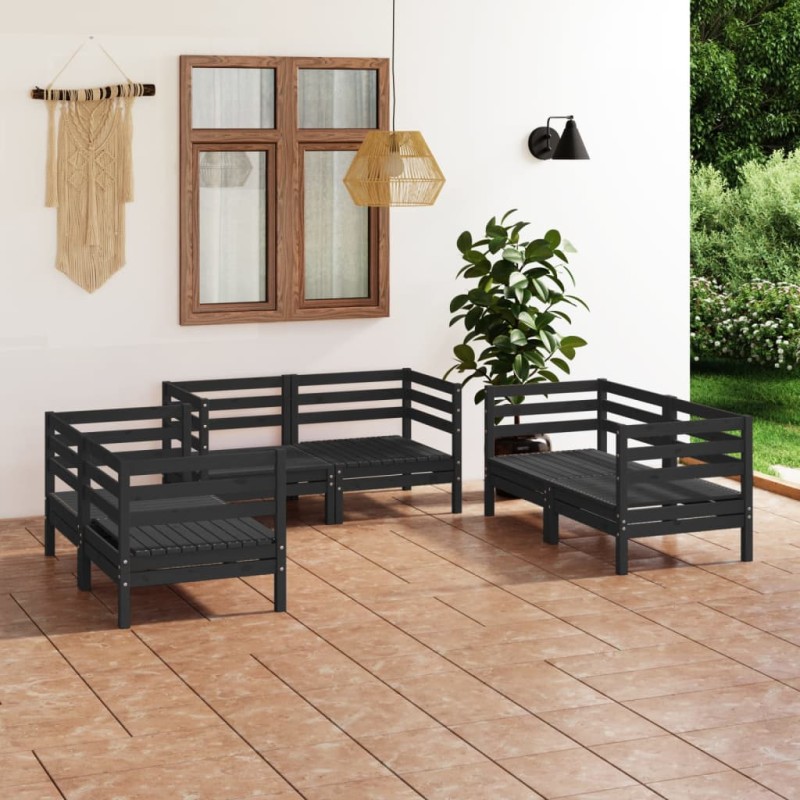 6 pcs conjunto lounge de jardim pinho maciço preto-Conjuntos de jardim-Home Retail