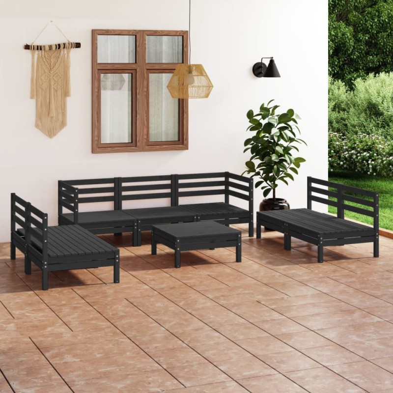 8 pcs conjunto lounge de jardim pinho maciço preto-Conjuntos de jardim-Home Retail