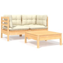 3 pcs conjunto lounge jardim c/ almofadões creme pinho maciço