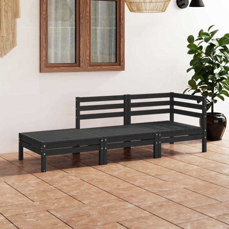 3 pcs conjunto lounge de jardim pinho maciço preto-Conjuntos de jardim-Home Retail