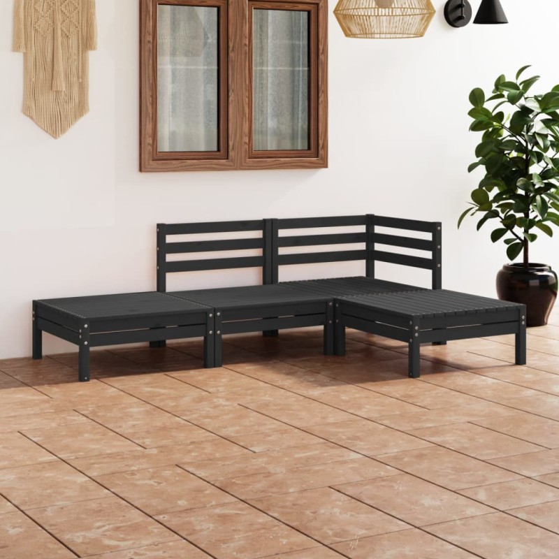 4 pcs conjunto lounge de jardim pinho maciço preto-Conjuntos de jardim-Home Retail