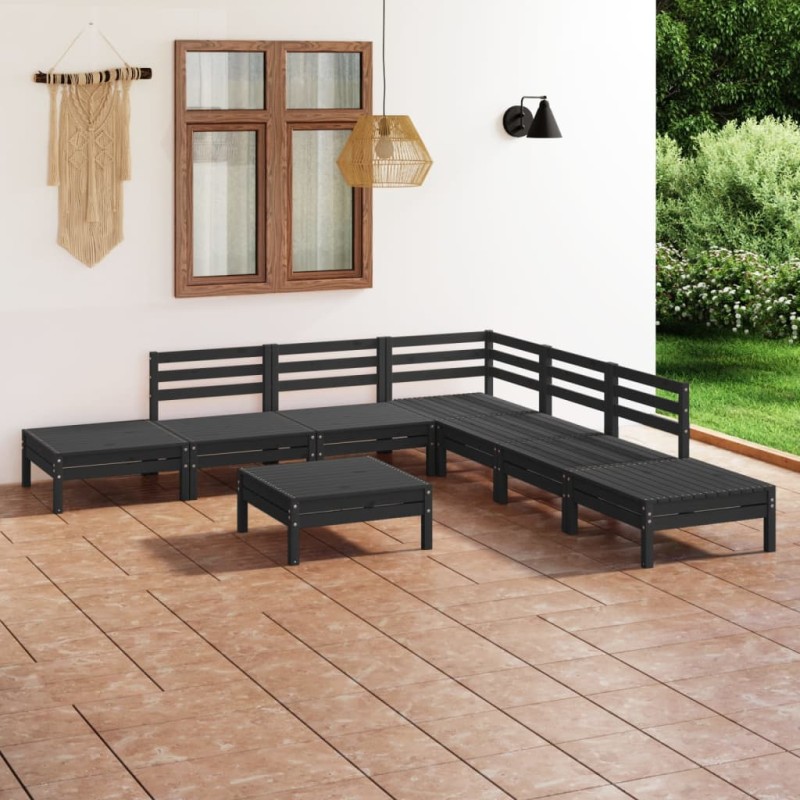 8 pcs conjunto lounge de jardim pinho maciço preto-Conjuntos de jardim-Home Retail