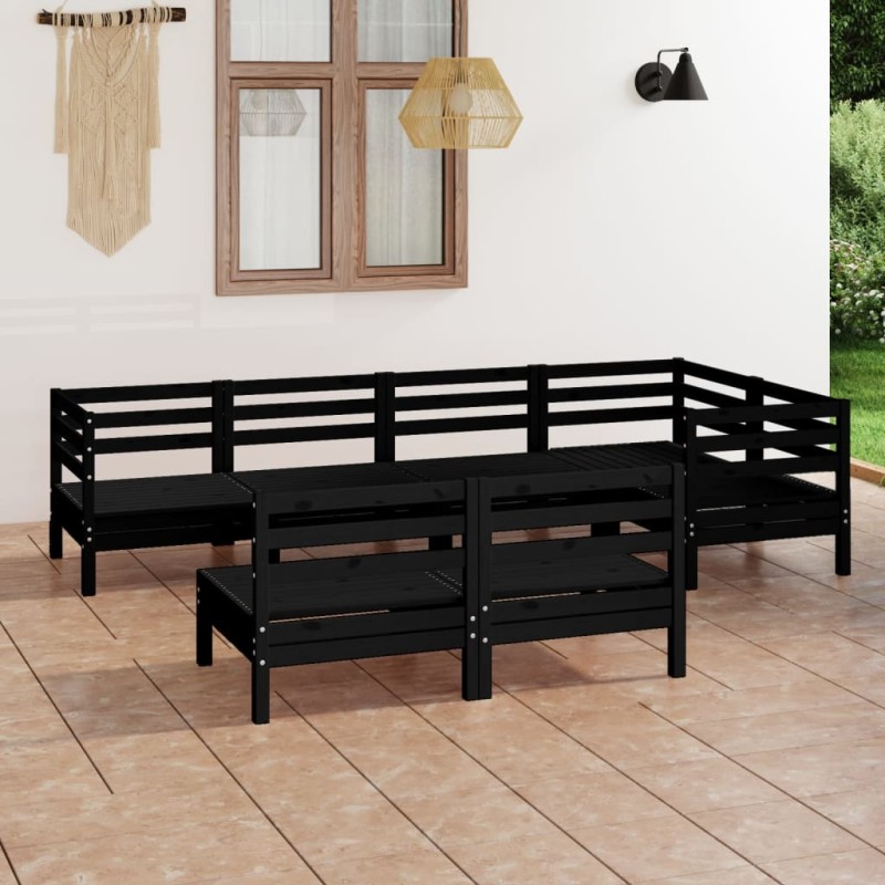 7 pcs conjunto lounge de jardim pinho maciço preto-Conjuntos de jardim-Home Retail