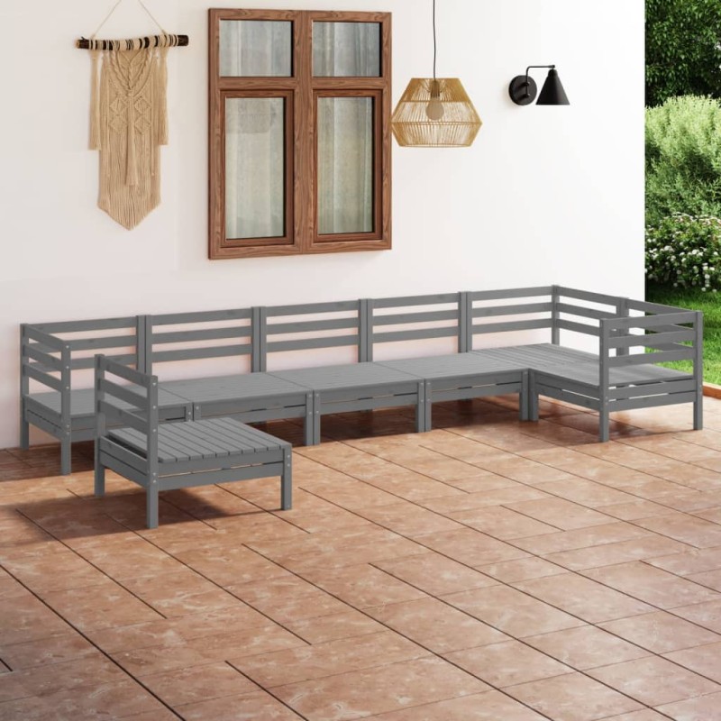 7 pcs conjunto lounge de jardim pinho maciço cinzento-Conjuntos de jardim-Home Retail