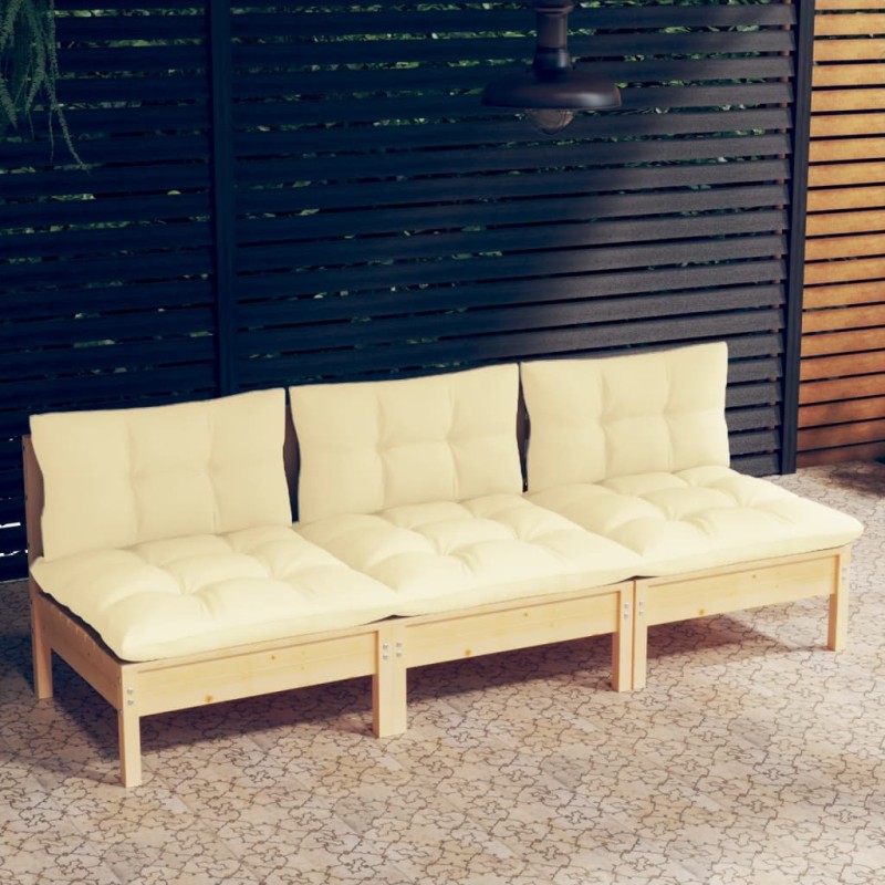 Sofá de jardim 3 lugares com almofadões cor creme pinho maciço-Sofás para exterior-Home Retail