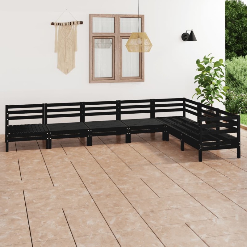 7 pcs conjunto lounge de jardim pinho maciço preto-Conjuntos de jardim-Home Retail