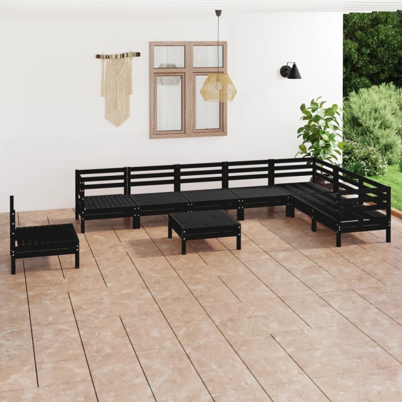 9 pcs conjunto lounge de jardim pinho maciço preto-Conjuntos de jardim-Home Retail