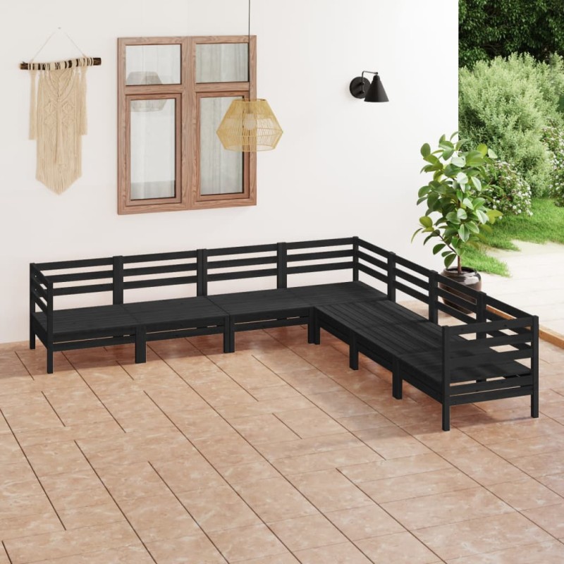 7 pcs conjunto lounge de jardim pinho maciço preto-Conjuntos de jardim-Home Retail