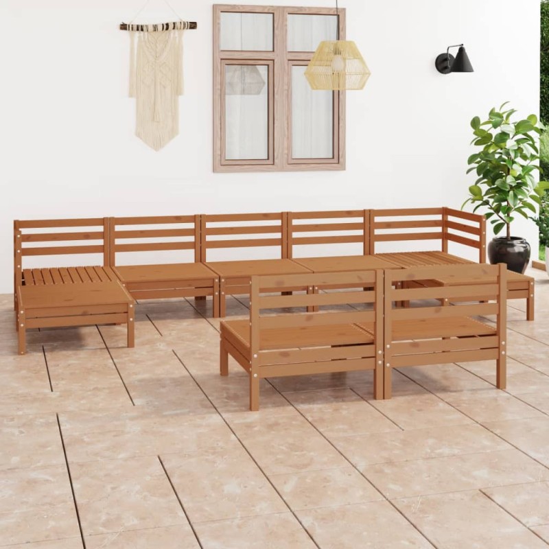 9 pcs conjunto lounge de jardim pinho maciço castanho mel-Conjuntos de jardim-Home Retail