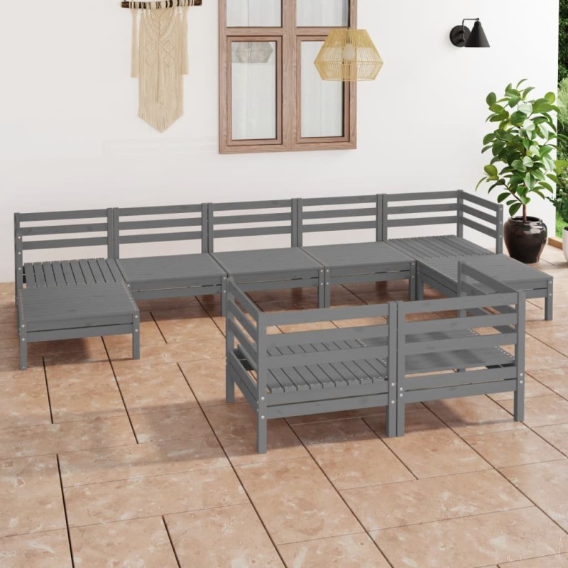 9 pcs conjunto lounge de jardim pinho maciço cinzento-Conjuntos de jardim-Home Retail