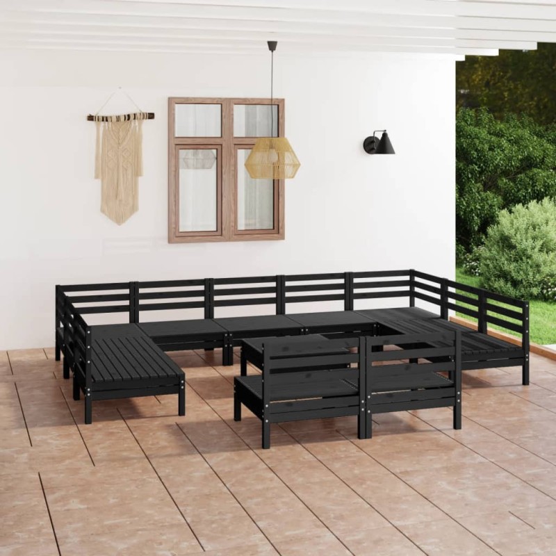 12 pcs conjunto lounge de jardim pinho maciço preto-Conjuntos de jardim-Home Retail