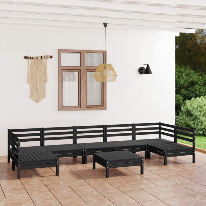 8 pcs conjunto lounge de jardim pinho maciço preto-Conjuntos de jardim-Home Retail