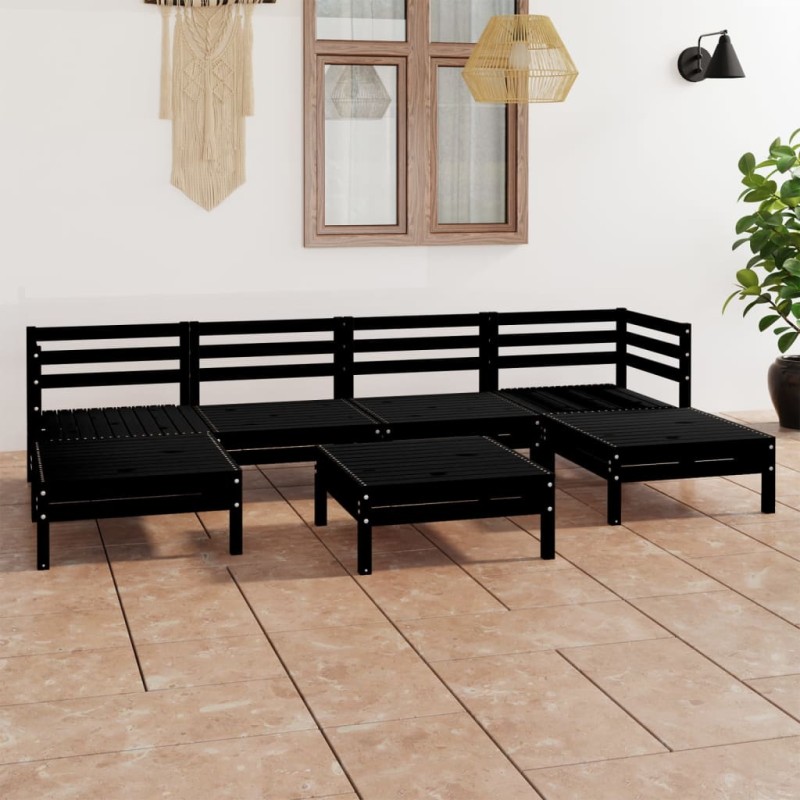 7 pcs conjunto lounge de jardim pinho maciço preto-Conjuntos de jardim-Home Retail