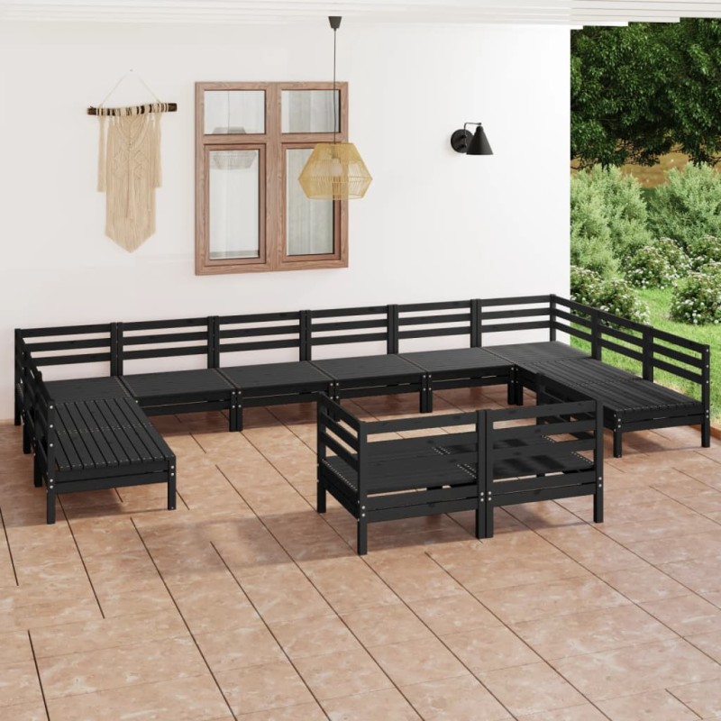 12 pcs conjunto lounge de jardim pinho maciço preto-Conjuntos de jardim-Home Retail