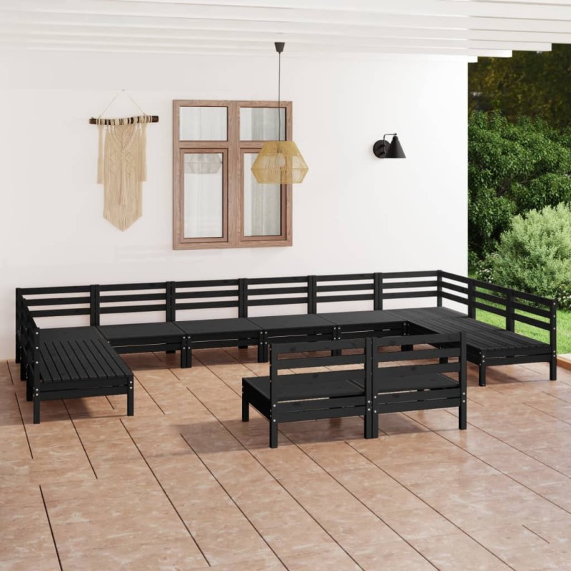 12 pcs conjunto lounge de jardim pinho maciço preto-Conjuntos de jardim-Home Retail