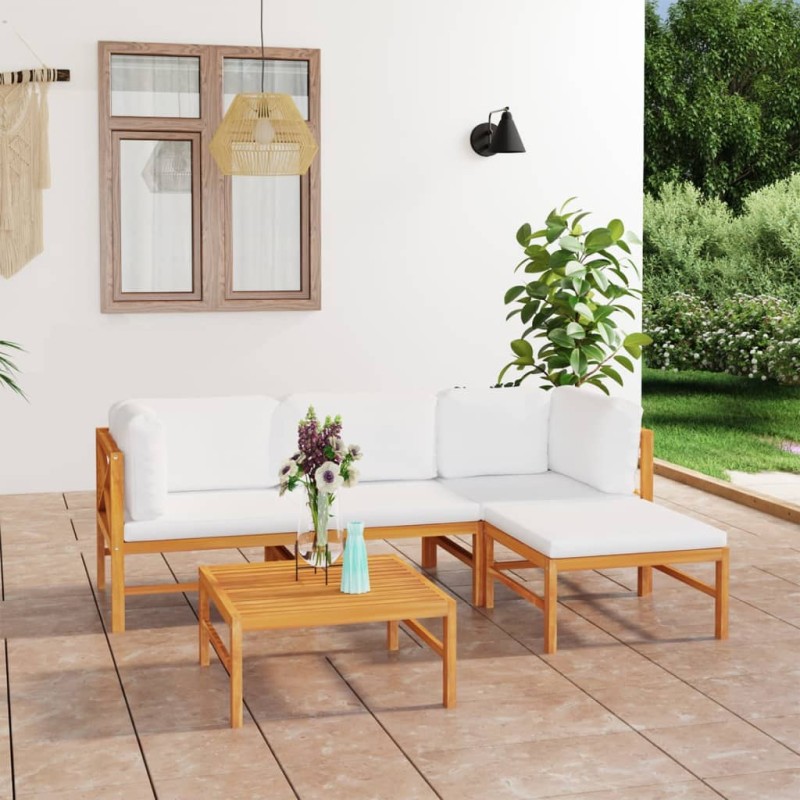 5 pcs conj. lounge de jardim + almofadões cor creme teca maciça-Conjuntos de jardim-Home Retail