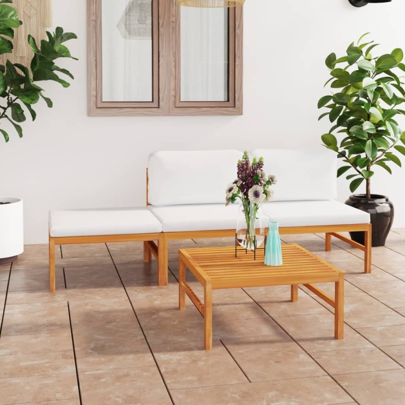 4 pcs conj. lounge jardim c/ almofadões cor creme teca maciça-Conjuntos de jardim-Home Retail