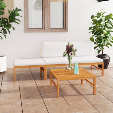 4 pcs conj. lounge jardim c/ almofadões cor creme teca maciça