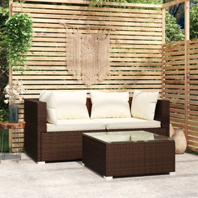 3 pcs conjunto lounge jardim c/ almofadões vime PE castanho-Conjuntos de jardim-Home Retail