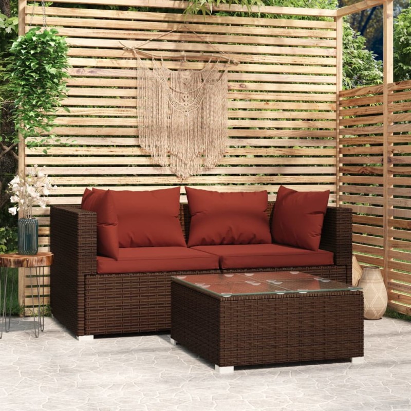 3 pcs conjunto lounge jardim c/ almofadões vime PE castanho-Conjuntos de jardim-Home Retail