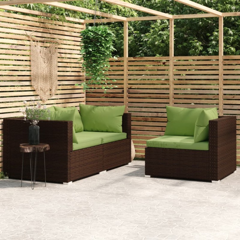 3 pcs conjunto lounge jardim c/ almofadões vime PE castanho-Unidades de sofá com módulos externos-Home Retail