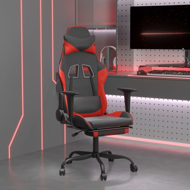 Cadeira gaming massagem + apoio pés couro artif. preto/vermelho-Cadeiras de jogo-Home Retail