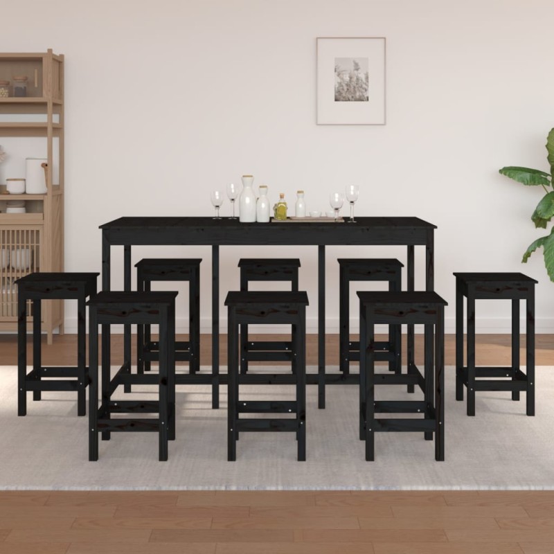 9 pcs conjunto de bar pinho maciço preto-Conjuntos de móveis para cozinha e sala de jantar-Home Retail