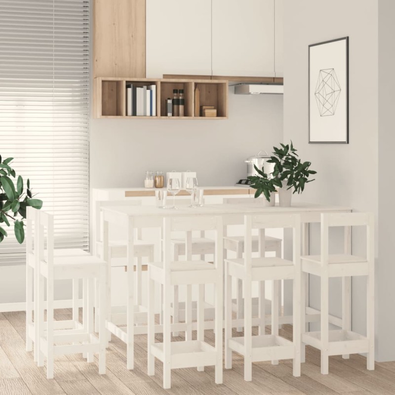 9 pcs conjunto de bar pinho maciço branco-Conjuntos de móveis para cozinha e sala de jantar-Home Retail