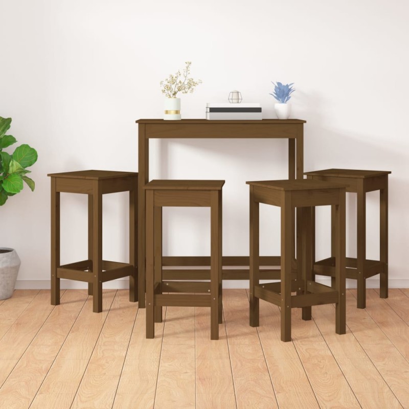 5 pcs conjunto de bar pinho maciço castanho mel-Conjuntos de móveis para cozinha e sala de jantar-Home Retail