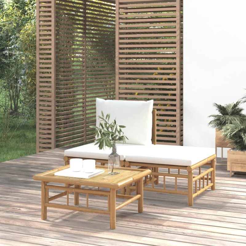 3 pcs conjunto lounge de jardim bambu c/ almofadões branco nata-Unidades de sofá com módulos externos-Home Retail