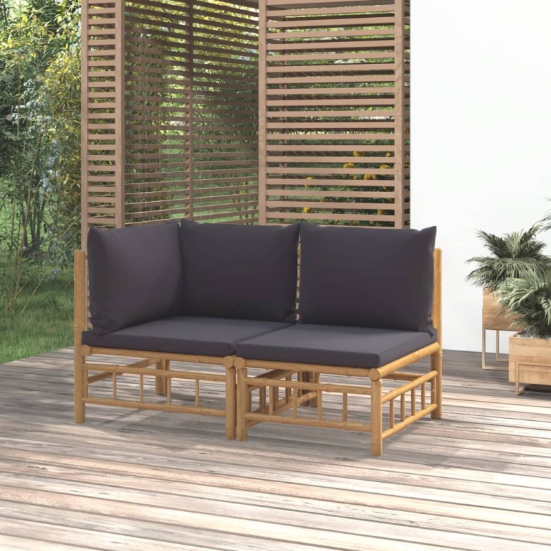 2pcs conj. lounge de jardim bambu c/ almofadões cinzento-escuro-Unidades de sofá com módulos externos-Home Retail