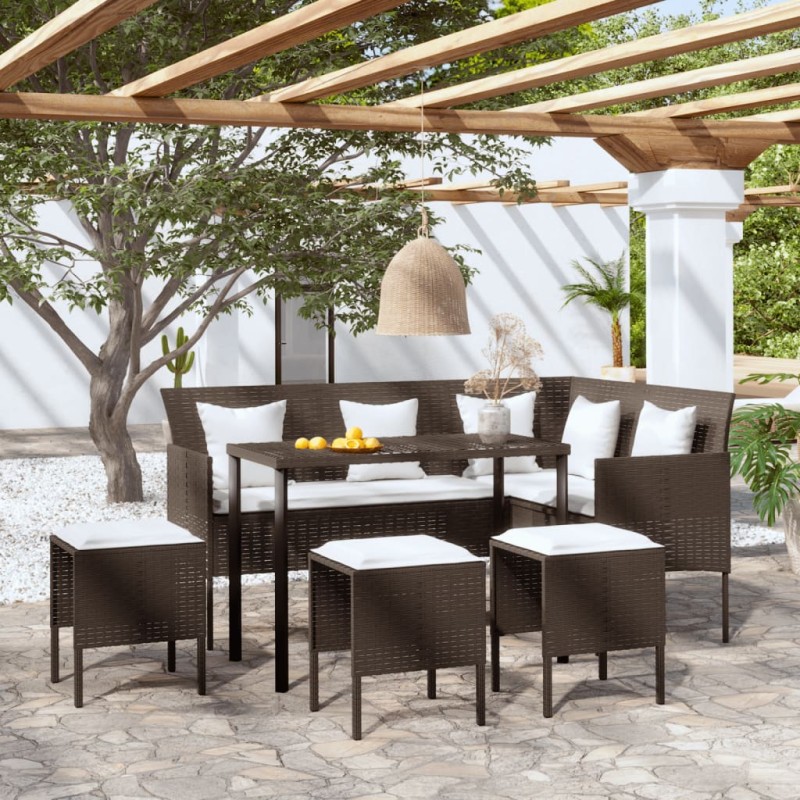 5 pcs conjunto sofás formato L c/ almofadões vime PE castanho-Conjuntos de jardim-Home Retail