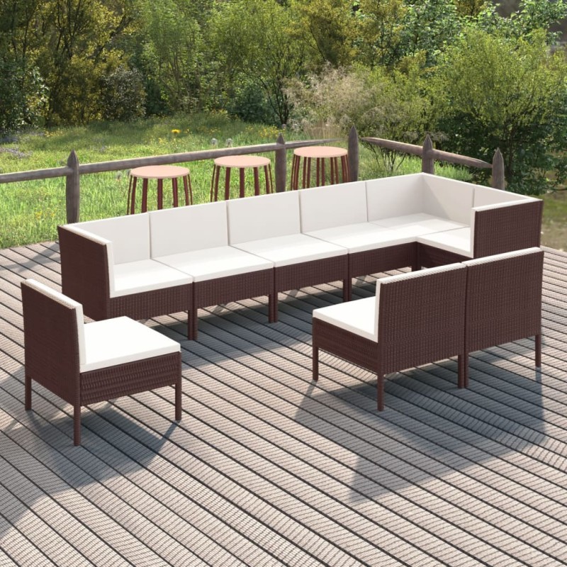 9 pcs conjunto lounge jardim c/ almofadões vime PE castanho-Conjuntos de jardim-Home Retail